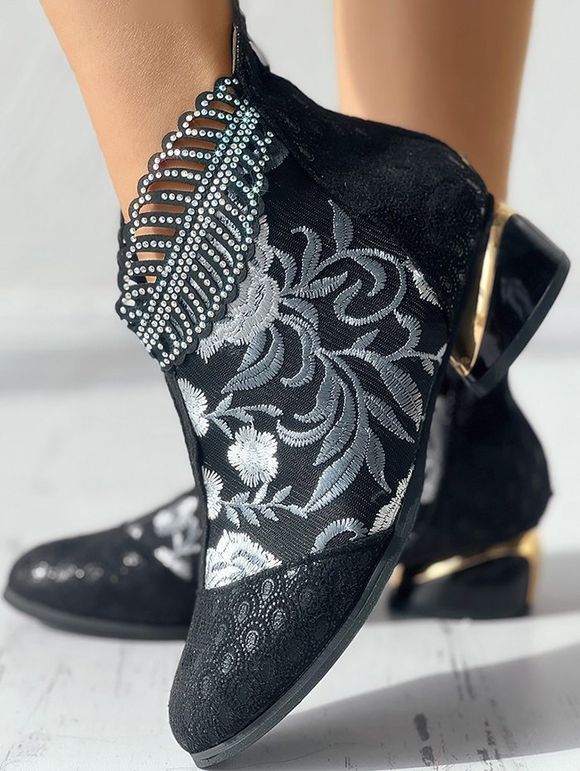 Glitter Hollow Out Rhinestone Leaf Flower Embroidered Chunky Low Heel Ankle Boots - Noir EU 41