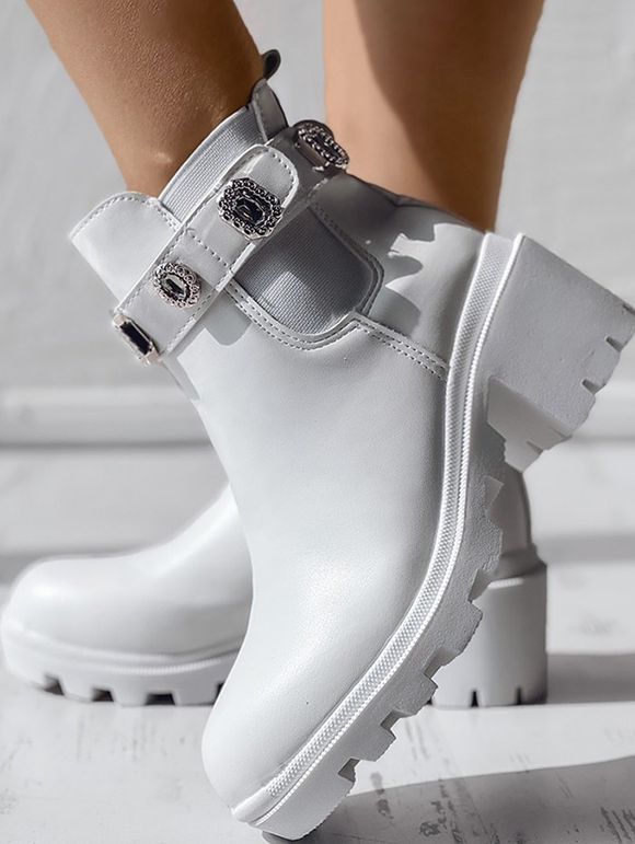 Artificial Crystal Slip On Platform PU Faux Leather Ankle Boots - Blanc EU 41