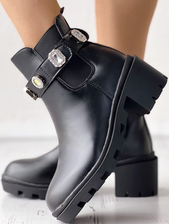Artificial Crystal Slip On Platform PU Faux Leather Ankle Boots - Noir EU 37