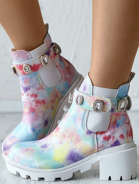 Artificial Crystal Slip On Platform PU Faux Leather Ankle Boots - multicolor A EU 42