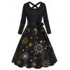 Celestial Sun Moon Star Galaxy Print Long Sleeve Dress Bowknot Cross High Waist A Line Dress
