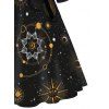 Robe Ligne A à Imprimé Etoile Lune Soleil Galaxie à Taille Haute avec Nœud Papillon à Manches Longues - Noir XXXL