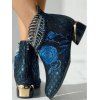 Glitter Hollow Out Rhinestone Leaf Flower Embroidered Chunky Low Heel Ankle Boots - Bleu EU 42