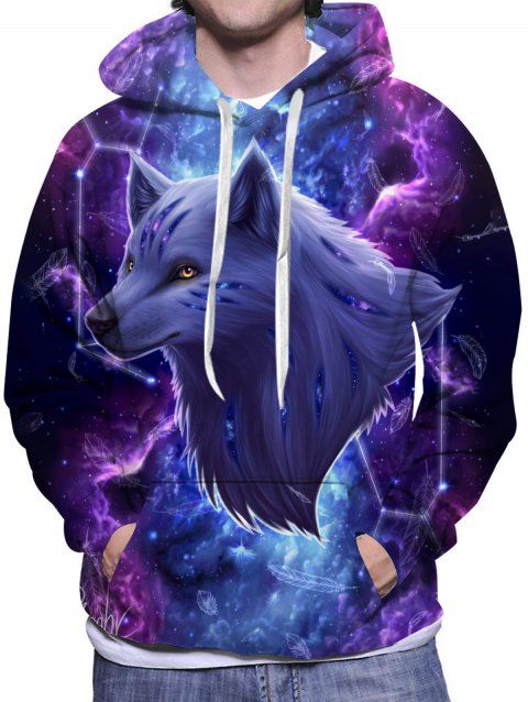 Galaxy Wolf Pattern Hoodie Drawstring Long Sleeve Kangaroo Pocket Sweatshirt With Hood