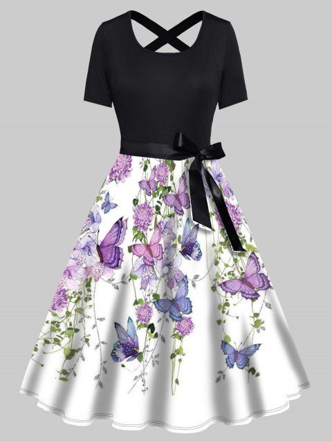 Flower Butterfly Print Short Sleeve Combo Dress Bowknot Belt Cross High Waist A Line Dress