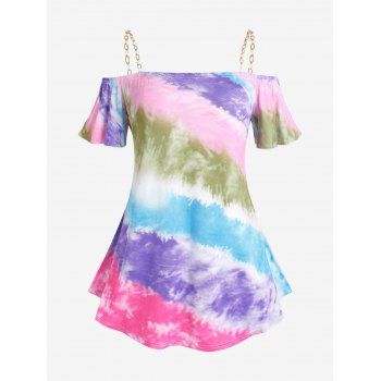 

Plus Size Tie Dye Chain Strap Flutter Sleeve Tee, Light purple