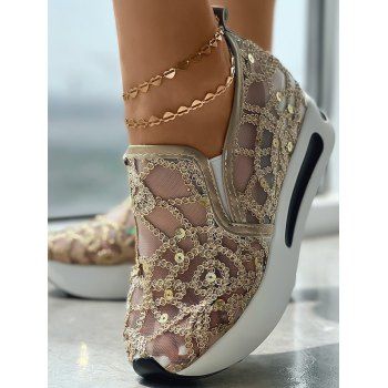 

Mesh Sequined Thick Platform Casual Shoes, Golden