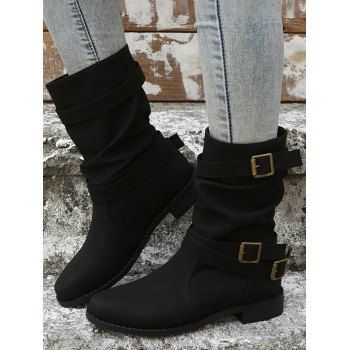 

Plain Color Ruched Buckle Strap Boots, Black