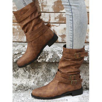 

Plain Color Ruched Buckle Strap Boots, Coffee