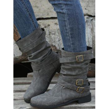 

Plain Color Ruched Buckle Strap Boots, Gray