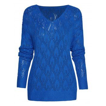 

Hollow Out Drop Shoulder Sweater V Neck Solid Color Sweater, Blue