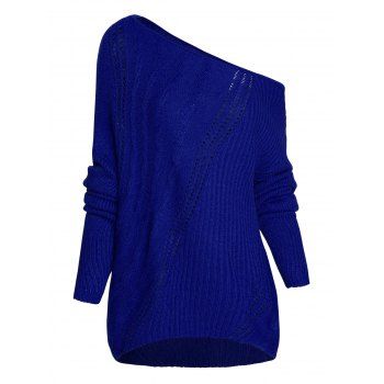 

Skew Collar Twisted Cable Knit Sweater Hollow Out Drop Shoulder Sweater, Blue