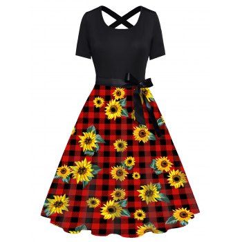 

Sunflower Plaid Print Short Sleeve Combo Dress Belted Cross High Waist A Line Dress, Black