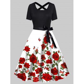 

Rose Flower Print Short Sleeve Combo Dress Bowknot Belted Cross High Waist A Line Dress, Black