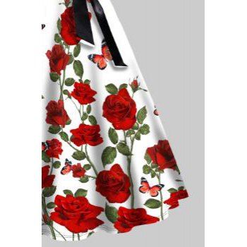 Rose Flower Print Short Sleeve Combo Dress Bowknot Belted Cross High Waist A Line Dress