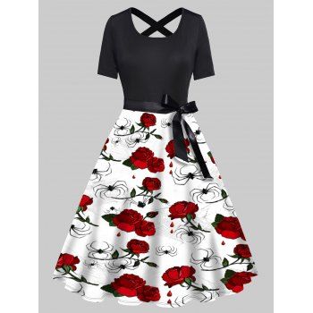 

Flower Spider Print A Line Dress Bowknot Belted Cross Short Sleeve High Waist Dress, Black