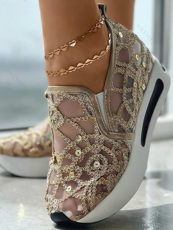 Mesh Sequined Thick Platform Casual Shoes - d'or EU 35