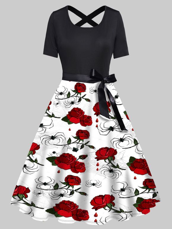 Robe Ligne A Ceinturée à Imprimé Fleur et Araignée à Taille Haute avec Nœud Papillon - Noir XXL
