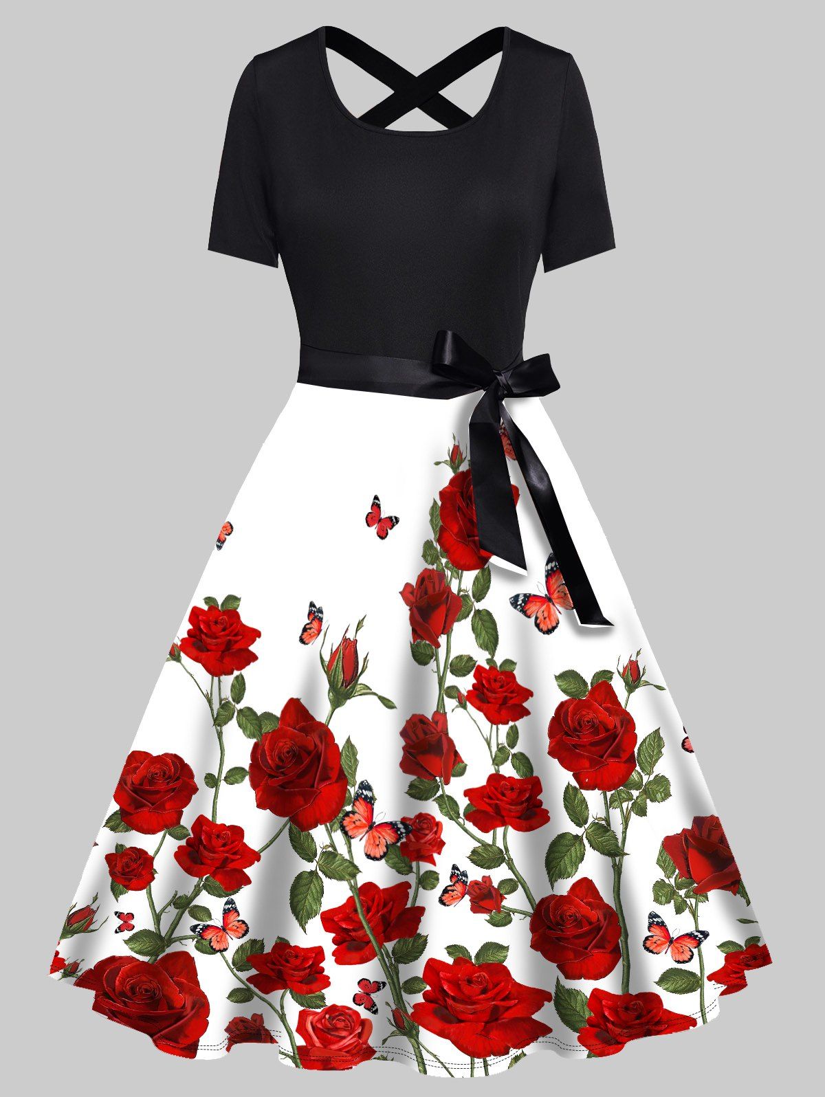 Robe Ligne A Ceinturée à Imprimé Fleur Rose à Taille Haute avec Nœud Papillon - Noir XXL