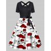 Robe Ligne A Ceinturée à Imprimé Fleur et Araignée à Taille Haute avec Nœud Papillon - Noir S