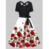 Robe Ligne A Ceinturée à Imprimé Fleur Rose à Taille Haute avec Nœud Papillon - Noir XL