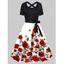 Robe Ligne A Ceinturée à Imprimé Fleur Rose à Taille Haute avec Nœud Papillon - Noir XL
