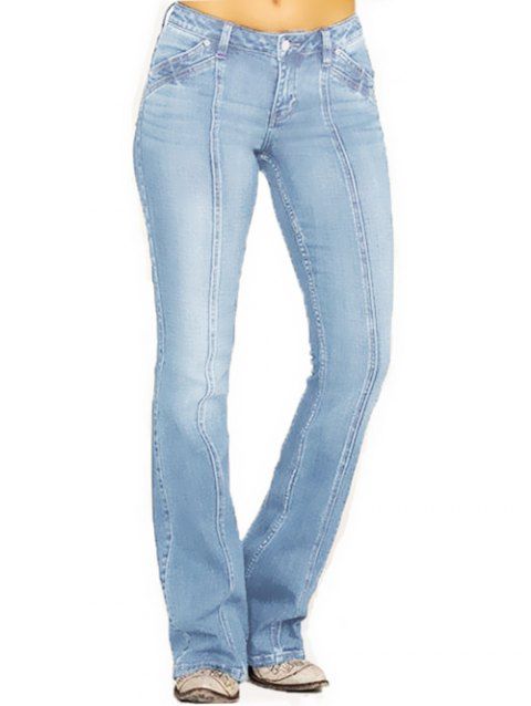 Flare Jeans Topstitching Pockets Zipper Fly Long Denim Pants