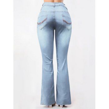 Flare Jeans Topstitching Pockets Zipper Fly Long Denim Pants