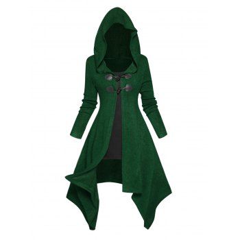 

Asymmetric Longline Hooded Knit Faux Twinset Top Colorblock Horn Button Long Sleeve Knitted 2 In 1 Top With Hood, Green