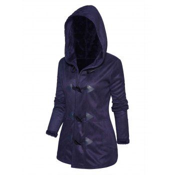 

Fluffy Lining Warm Hooded Coat Horn Button Hidden Pockets Long Coat With Hood, Deep blue