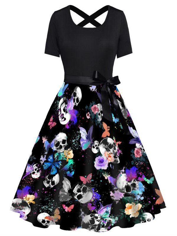 Colorful Flower Butterfly Skull Print Short Sleeve Combo Dress Belted Cross High Waist A Line Dress - BLACK L