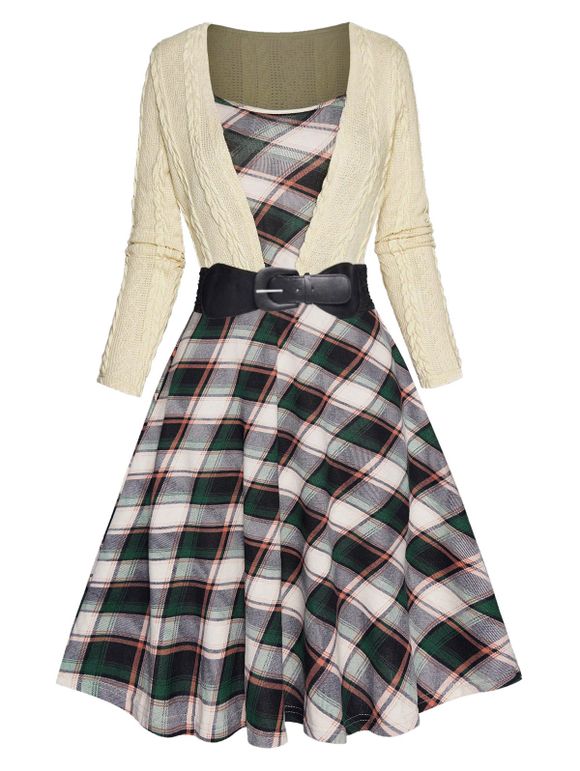 Cable Knit Faux Twinset Dress Colored Plaid Print Bowknot Buckle Long Sleeve A Line Mini Dress - LIGHT COFFEE XXL