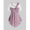 T-shirt Tordu Panneau en Dentelle à Carreaux de Grande Taille - Rose clair 1X