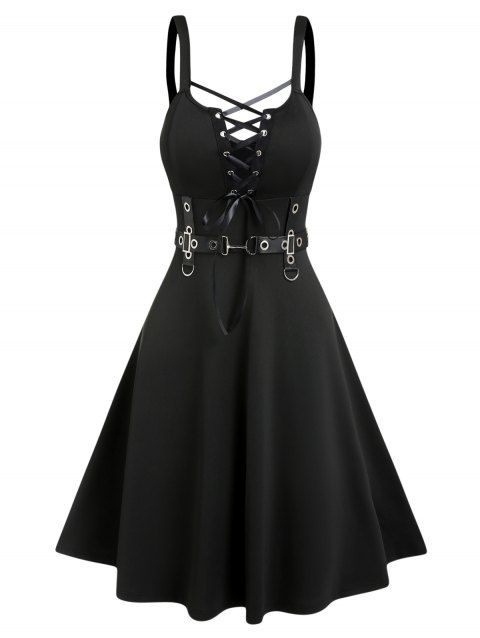 Punk Gothic Dress Lace Up D-ring Eyelet Straps A Line Dress Sleeveless High Waist Dress