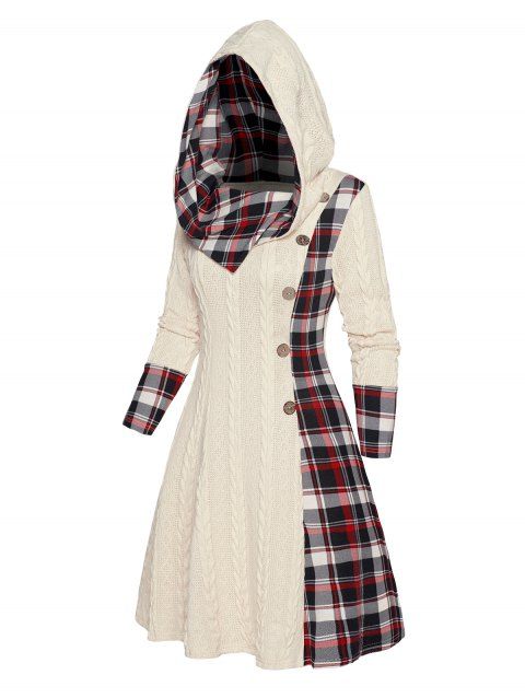 Cable Knit Hooded Dress Plaid Print Panel Mock Button High Waisted Long Sleeve A Line Mini Dress