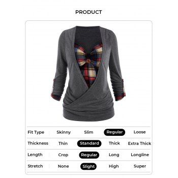 Plus Size T-shirt Plaid Print Crossover Faux Twinset T Shirt Long Sleeve Ruched Bust Twofer Tee