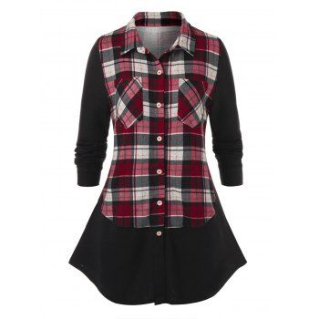 

Plus Size Plaid Splicing Pocket Shirt, Black