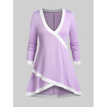 

Plus Size Low Cut Contrast Color High Low T-shirt, Light purple