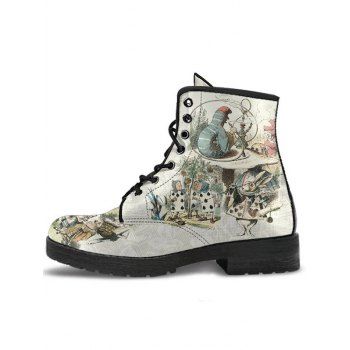 Wonderland Animal Playing Card Print Lace Up Combat Boots