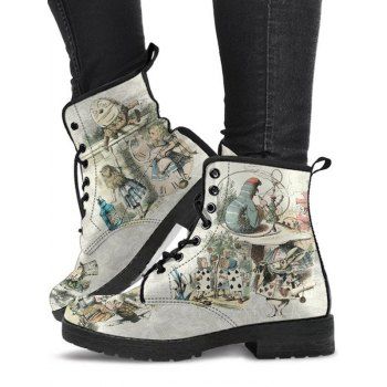 

Wonderland Animal Playing Card Print Lace Up Combat Boots, White