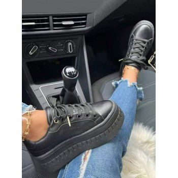 

Lace Up Round Toe Platform Chunky Flat Shoes, Black