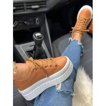 

Lace Up Round Toe Platform Chunky Flat Shoes, Coffee