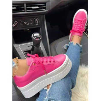 

Lace Up Round Toe Platform Chunky Flat Shoes, Red