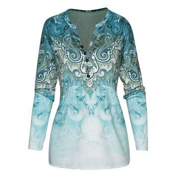 

Bohemian T Shirt Printed Half Button Round Neck Long Sleeve Casual Tee, Blue