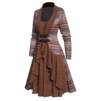 

Ethnic Style Dress Printed Overlay Buckle High Waisted Long Sleeve A Line Mini Dress, Coffee