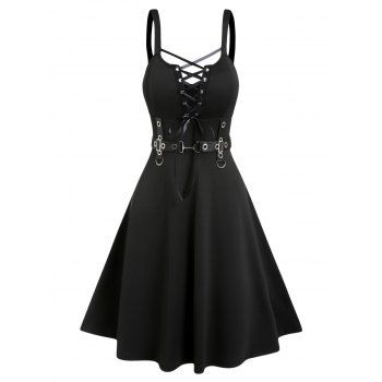 

Punk Gothic Dress Lace Up D-ring Eyelet Straps A Line Dress Sleeveless High Waist Dress, Black