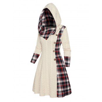 

Cable Knit Hooded Dress Plaid Print Panel Mock Button High Waisted Long Sleeve A Line Mini Dress, Light yellow