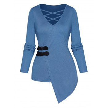 

Asymmetric Buckle Detail Crisscross V Neck Long Sleeve Top, Blue