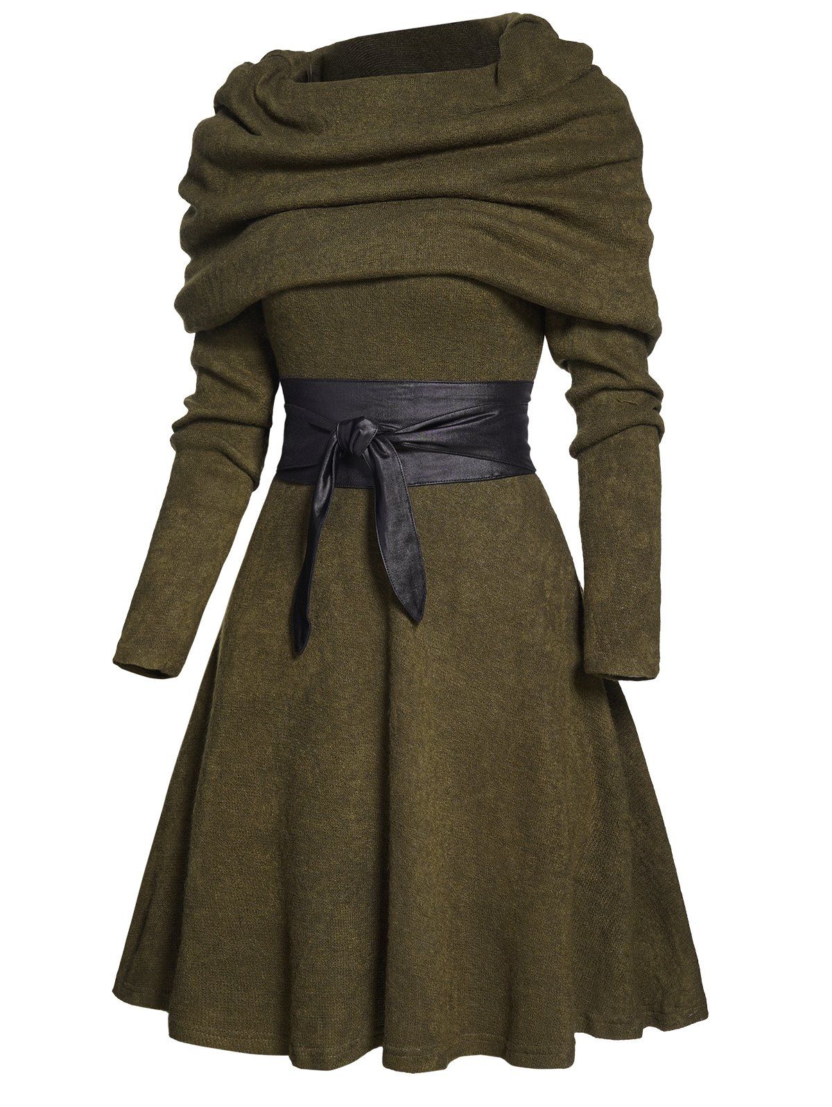 Mini Robe Tricotée Contrastée Ceinturée à Manches Longues - Vert profond XL