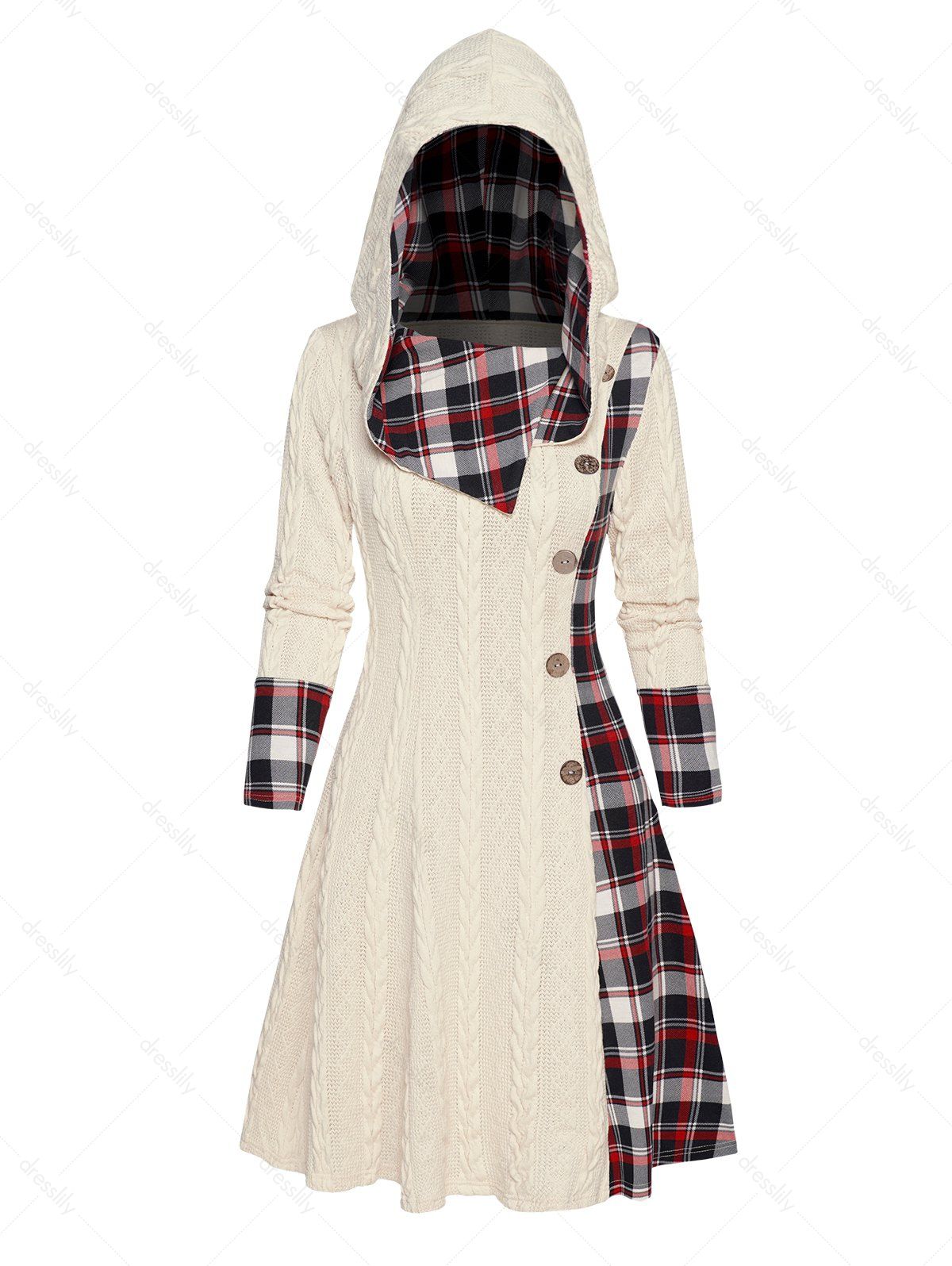 Cable Knit Hooded Dress Plaid Print Panel Mock Button High Waisted Long Sleeve A Line Mini Dress - LIGHT YELLOW L